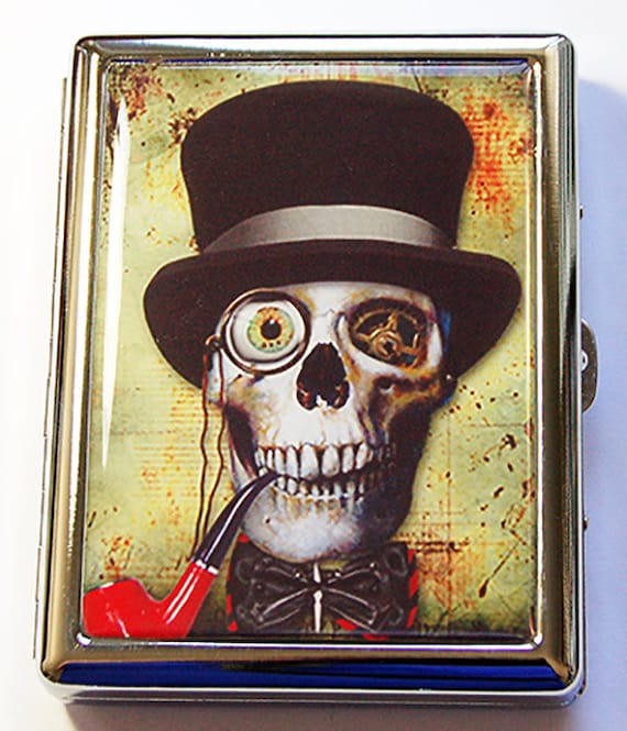 Cigarette Case, Smoking Skeleton, Cigarette Box, Metal Cigarette Case, Skeleton  Smoking, Smoking a Pipe, Skull, Tophat, Grunge (5142C)