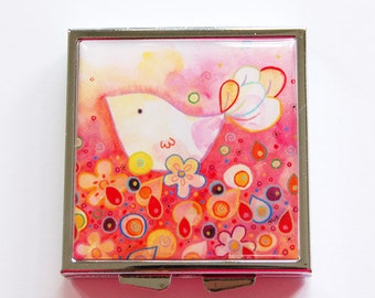 Pill Box, Pill Case, Square Pill box, Square Pill case, 4 Sections, bright colors, Bird, Flowers, Pink, gift for her, gift for mom (4079)