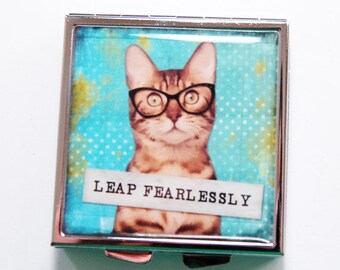 Square Pill box, Cat Pill Case, Cat Pill Box, 4 Sections, Pill case, Cat Case, Cats, Gift for Cat Lover, Leap Fearlessly (4098)