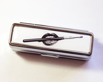 Lipstick case with mirror, Lipbalm Case, Lipstick Case, lipstick holder, case for lipstick, Black, White, Lips, Gift for her (4854)