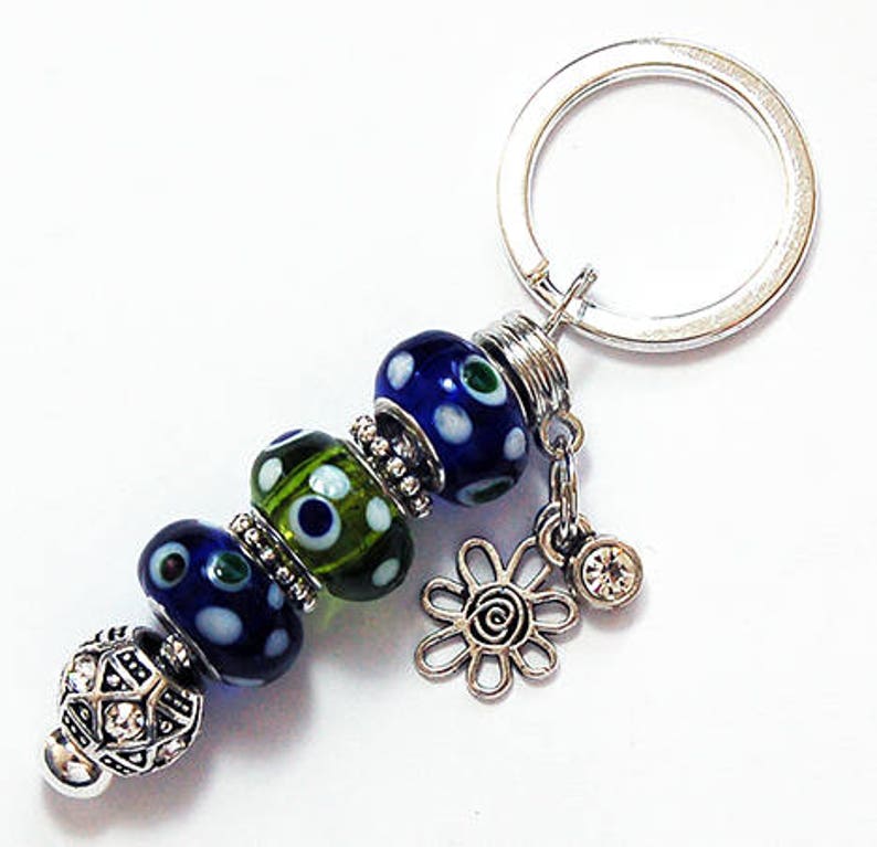 Blue Green Keychain Cute Keychain Polka Dots Glass Beads Etsy