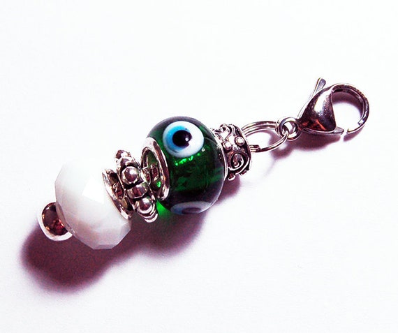 Evil Eye Zipper Pull Charm in Green And White, Cute Nazar Bead Zipper Pull,  Stocking Stuffer, Protective talisman (9050)
