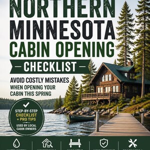 May include: A poster promoting cabin opening in Northern Minnesota. The image shows a cabin by a lake, a checklist, and text that reads "Northern Minnesota Cabin Opening Checklist". Icons for water system startup, inspections, dock setup, and other services are also included.