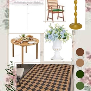May include: A collage featuring a pink and white scalloped patio umbrella, a wooden chair with a green cushion, a gold pedestal table, a round wooden dining table, a white urn vase with blue flowers, and a black and tan checkered area rug.