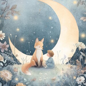 May include: Watercolor illustration of a fox and a child sitting together on a crescent moon. The fox has orange fur and the child is wearing blue pajamas. The background is a starry night sky with flowers.