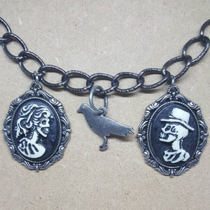 Skeleton Couple Cameo Raven Crow Charm Necklace Gothic Halloween Costume