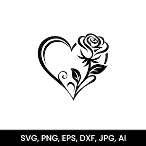 Puede incluir: Una ilustración gráfica en blanco y negro que presenta un contorno de corazón integrado con una rosa en flor, hojas y detalles de enredaderas. El diseño se presenta sobre un fondo liso con el texto SVG, PNG, EPS, DXF, JPG, AI en la parte inferior.