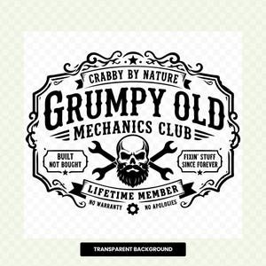 May include: A black and white graphic design featuring a skull with a beard and crossed wrenches. The text reads: CRABBY BY NATURE, GRUMPY OLD MECHANICS CLUB, BUILT NOT BOUGHT, FIXIN' STUFF SINCE FOREVER, LIFETIME MEMBER, NO WARRANTY, NO APOLOGIES.