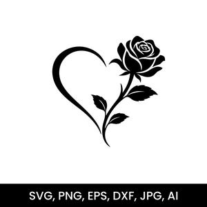 Op de afbeelding: Zwart-wit afbeelding van een hart met een roos. De roos staat op een stengel met bladeren. De afbeelding is een vectorafbeelding, met de bestandstypen SVG, PNG, EPS, DXF, JPG en AI eronder.