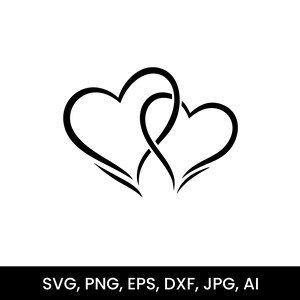 May include: A black line drawing of two interlocking hearts against a white backdrop. The hearts are depicted with flowing lines, suggesting unity and affection. The image includes the text: SVG, PNG, EPS, DXF, JPG, AI.