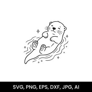 May include: A black and white cartoon illustration of an otter floating on its back in water. The otter is smiling, with its paws and feet showing. The image includes the text "SVG, PNG, EPS, DXF, JPG, AI".