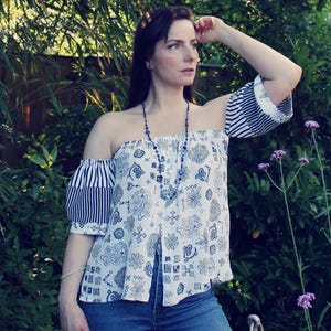 Off Shoulder Top, Upcycled Clothing for Women, Upcycled Blouse, Patchwork Top, Upcycled Clothing, Reworked Clothing, Slow Fashion
