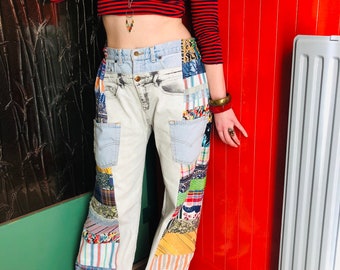 Patchwork Pants, Upcycled Clothing for Women, Reworked Denim, Reworked Pants, Recycled Jeans, Upcycled Clothing, Reworked Clothing