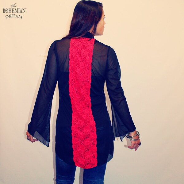 Bohemian Cardigan Top Sheer Lace Back Blouse Split Bell Sleeves Boho Hippie Style Upcycled Vintage Clothing OOAK by TheBohemianDream