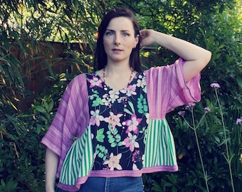 Herwerkte vintage blouse: geüpcycled topje jaren 90 katoen en sjaal, bohostijl