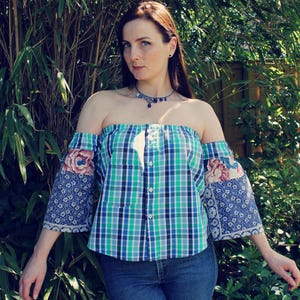 Off Shoulder Top, Upcycled Clothing for Women, Upcycled Blouse, Patchwork Top, Upcycled Clothing, Reworked Clothing, Slow Fashion