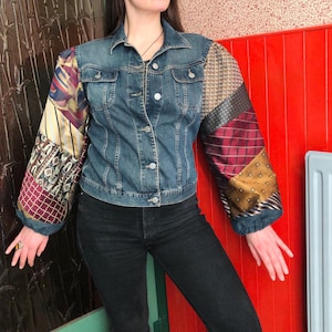 Reworked Y2K Denim Jacket, Upcycled Clothing for Women, Necktie Jacket, Size XS to M