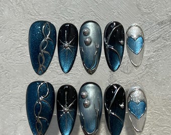 Midnight Blue Chrome Heart Nail