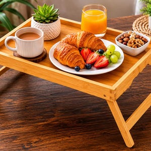 Bamboo Wood Tray Table with Folding Legs, Wooden Bed tray, Snack Tray, Couch Table, TV Dinner Table, Serving Tray, Portable Bamboo Desk