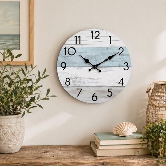 Rustic Wooden Wall Clock 8/10 Inches Silent Non Ticking Clock, Blue Beach Style Small Wall Clock for Kitchen Bathroom Bedroom Home Decor