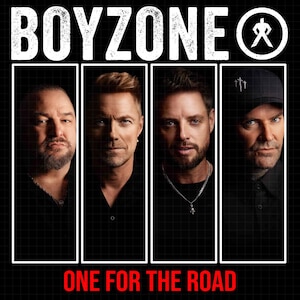 Op de afbeelding: Een promotieafbeelding met de band Boyzone. De bandleden staan in afzonderlijke rechthoekige kaders tegen een zwarte rasterachtergrond. De naam van de band staat bovenaan in het wit en de tekst "ONE FOR THE ROAD" staat onderaan in het rood.