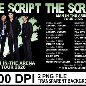 Może przedstawiać: Plakat promocyjny trasy koncertowej Man in the Arena Tour 2026 zespołu The Script, przedstawiający trzech członków zespołu, w tym jednego z gitarą, na czarnym tle z zielonymi pociągnięciami pędzla. Tekst zawiera daty i miejsca koncertów z 2026 roku.