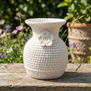 May include: A cream-colored, crocheted vase with a flared top and a round base. A crocheted flower with a yellow center is attached to the front. The vase is sitting on a wooden surface, with a blurred background of greenery and flowers.