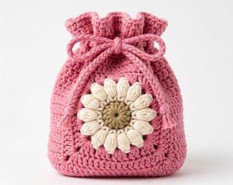 Patrón de bolsita de ganchillo con cordón y diseño de margaritas, tutorial para principiantes sobre bolsos florales de estilo cottagecore (PDF)