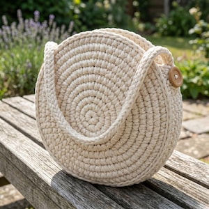 May include: A cream-colored, round crochet bag with a spiral design. The bag features two handles and a wooden button closure. The bag is sitting on a wooden bench in an outdoor setting.