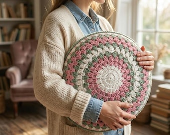 Patrón de ganchillo para cojín circular estilo abuela / Funda de almohada bohemia gruesa (tutorial en PDF)