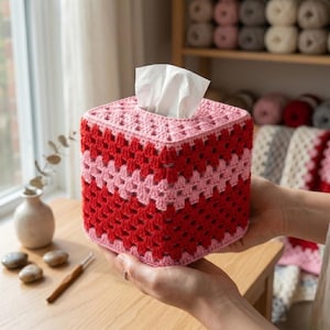 May include: A handmade, square tissue box cover in a crochet pattern. The cover is red and pink, with a white tissue emerging from the top. The box is held in a person's hands.
