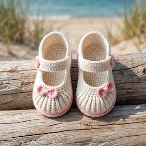 May include: A pair of cream-colored crochet baby shoes with pink accents. The shoes feature a strap with a pink button closure and a small pink bow on the toe. The shoes are displayed on a weathered wooden surface.