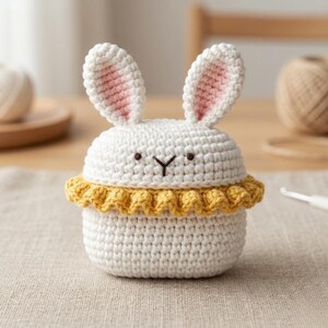 May include: A white crochet bunny-shaped container with pink inner ears and a yellow ruffled trim. The bunny has small black eyes and a stitched nose. The container is sitting on a neutral-coloured surface.