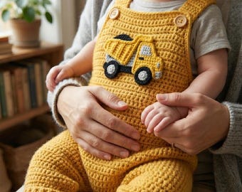 Patrón de pelele de bebé a crochet con aplique de camión volquete, mono para recién nacido (0-3 meses) en formato PDF.
