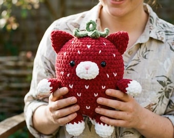 Patrón de peluche de gato fresa a crochet, juguete amigurumi para principiantes en PDF, guía de tejido de animales kawaii