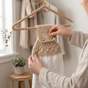 May include: A beige and white crochet kitchen towel with a button closure. The top portion of the towel is crocheted in a textured pattern, and the bottom is a plain white towel. The towel is hanging on a wooden hanger.