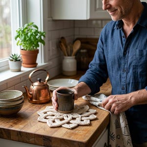 May include: A copper tea kettle and a ceramic mug rest on a wooden countertop. A beige crocheted coaster sits beneath the mug. A potted basil plant and a small succulent are visible in the background.