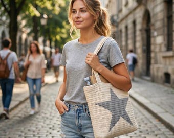 Star Tote Bag Crochet Pattern, Tapestry Colorwork PDF