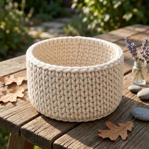 May include: A round, cream-colored woven basket with a thick, textured design. The basket is sitting on a wooden surface with dried leaves and a small glass jar with lavender sprigs in the background. The basket is approximately 8 inches in diameter.