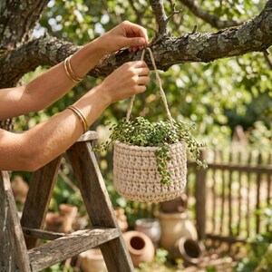 May include: A beige, crocheted hanging planter filled with green plants. The planter is suspended from a tree branch by a natural fiber rope. The background includes a wooden ladder, a wooden fence, and other greenery.