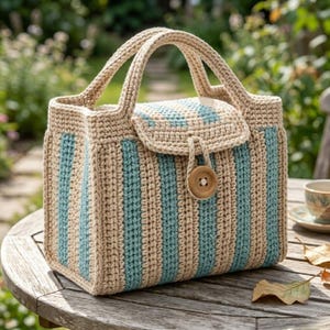 Pode incluir: Bolsa de crochê listrada bege e azul-turquesa, com fecho de aba e botão de madeira. A bolsa tem duas alças e está sobre uma mesa de madeira. O design da bolsa apresenta listras verticais azul-turquesa.