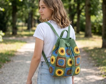 Patrón de mochila de ganchillo cuadrada con diseño de rayos de sol para abuela: mochila bohemia con cordón ajustable (descarga en PDF)