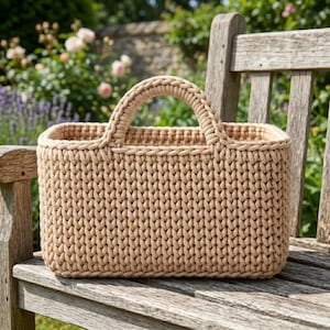 May include: A beige, rectangular crochet basket with a rounded handle. The basket is made of thick yarn and has a textured appearance. It sits on a wooden bench in a garden setting, with flowers in the background.