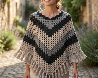 Beginner Crochet Poncho Pattern: Chunky Granny Stitch Boho Oversized (PDF Download)