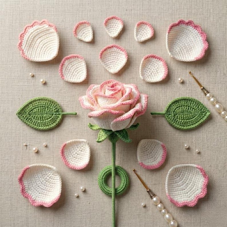 Individual Roses Crochet Crochet Rose Bouquet Pattern, Realistic Petals, Leaves, Stem Tutorial ...