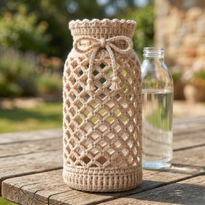 May include: A beige crocheted bottle holder with a diamond pattern and a decorative bow. The holder is designed to fit a tall glass bottle, which is also visible in the image. The holder is sitting on a wooden surface.