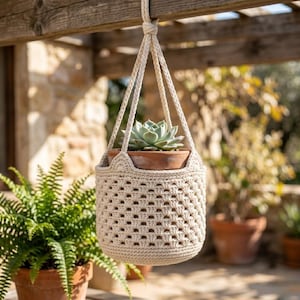 May include: A cream-colored macrame plant hanger with a terracotta pot holding a succulent. The plant hanger is suspended from a wooden beam. The background includes other potted plants and a stone wall.