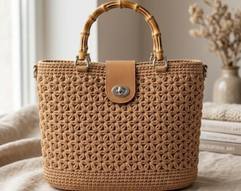 Patrón de bolso de mano con punto de estrella a crochet, bolso de mano de hilo de camiseta en PDF, tutorial para principiantes.