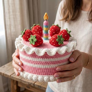 May include: A crocheted birthday cake with pink and white stripes, topped with red strawberries and a rainbow candle. The cake has a white ruffled edge and is held by a person.
