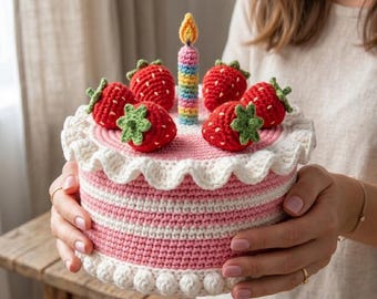 Patrón de caja de tarta de fresa a crochet, tutorial en PDF de decoración de cumpleaños de amigurumi